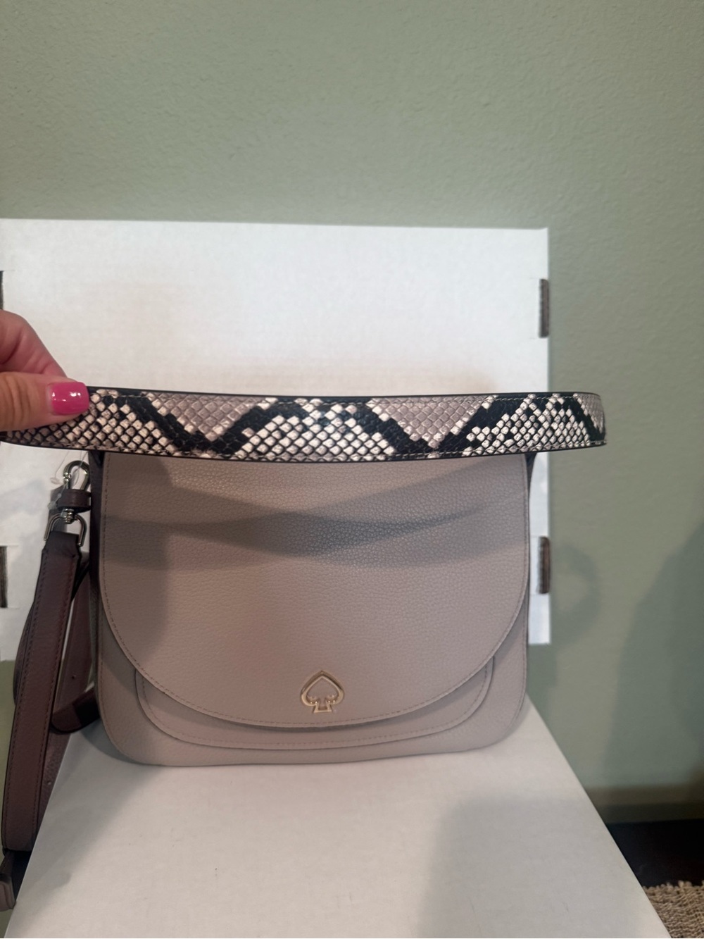 kate spade Pebbled Crossbody Bag in Taupe with Snake-Print Strap